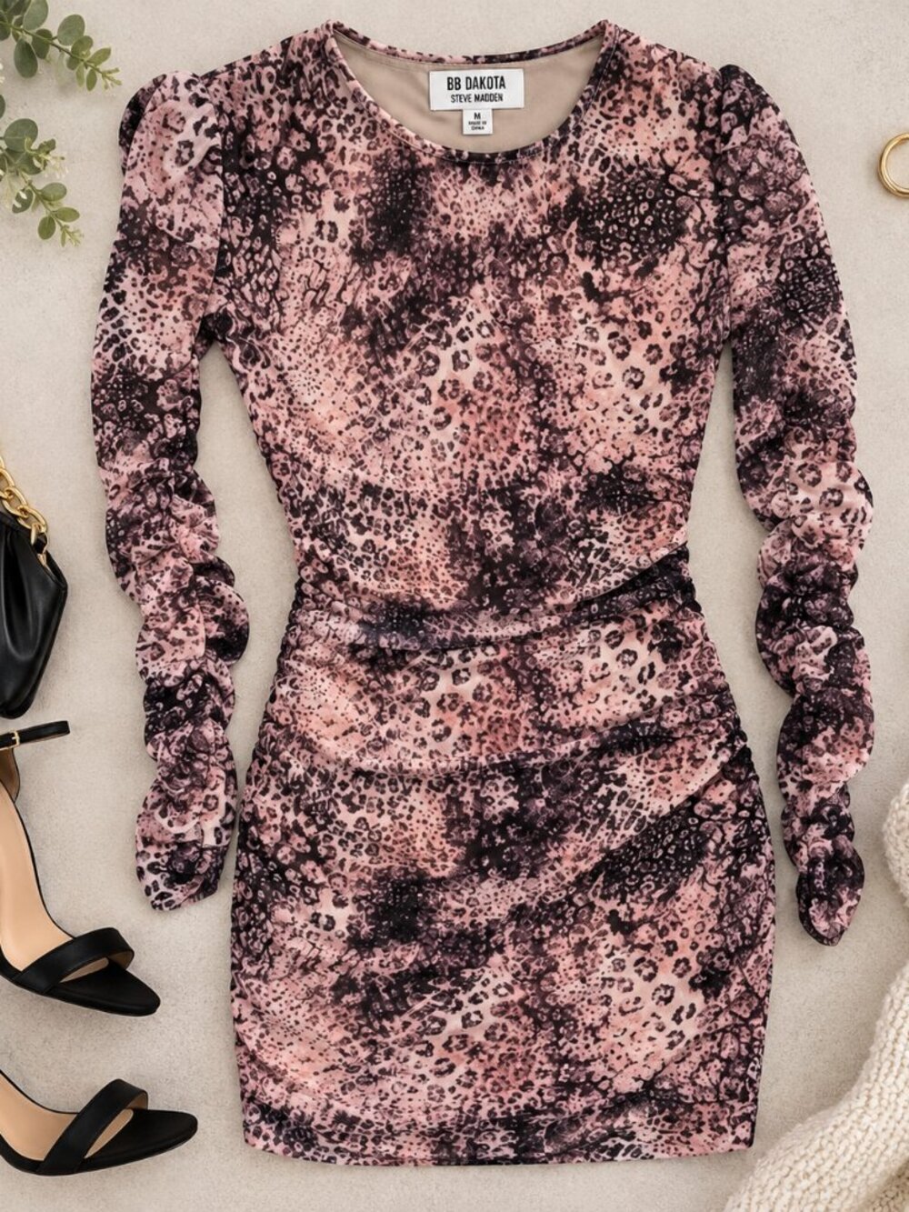 BB Dakota Steve Madden Leopard Print Ruched Mini Dress M Pink Y2K